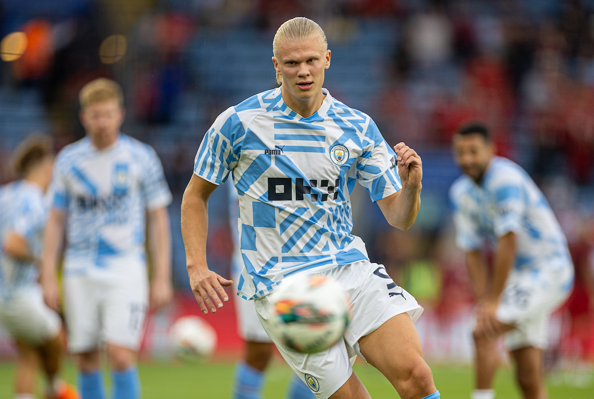 Manchester City's Erling Haaland during the pre-match warm-up before the FA Community Shield friendly match between Liverpool FC and Manchester City FC at the King Power Stadium