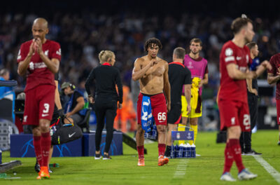 Liverpool's Trent Alexander-Arnold looks dejected after the UEFA Champions League Group A matchday 1 game between SSC Napoli and Liverpool FC at the Stadio Diego Armando Maradona