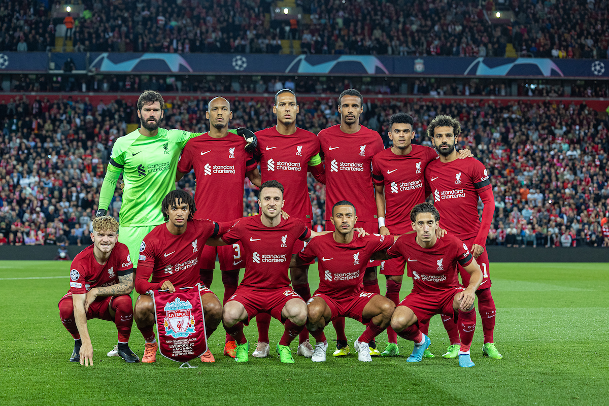 Liverpool players line-up for a team group photograph before the UEFA Champions League Group A matchday 2 game between Liverpool FC and AFC Ajax at Anfield