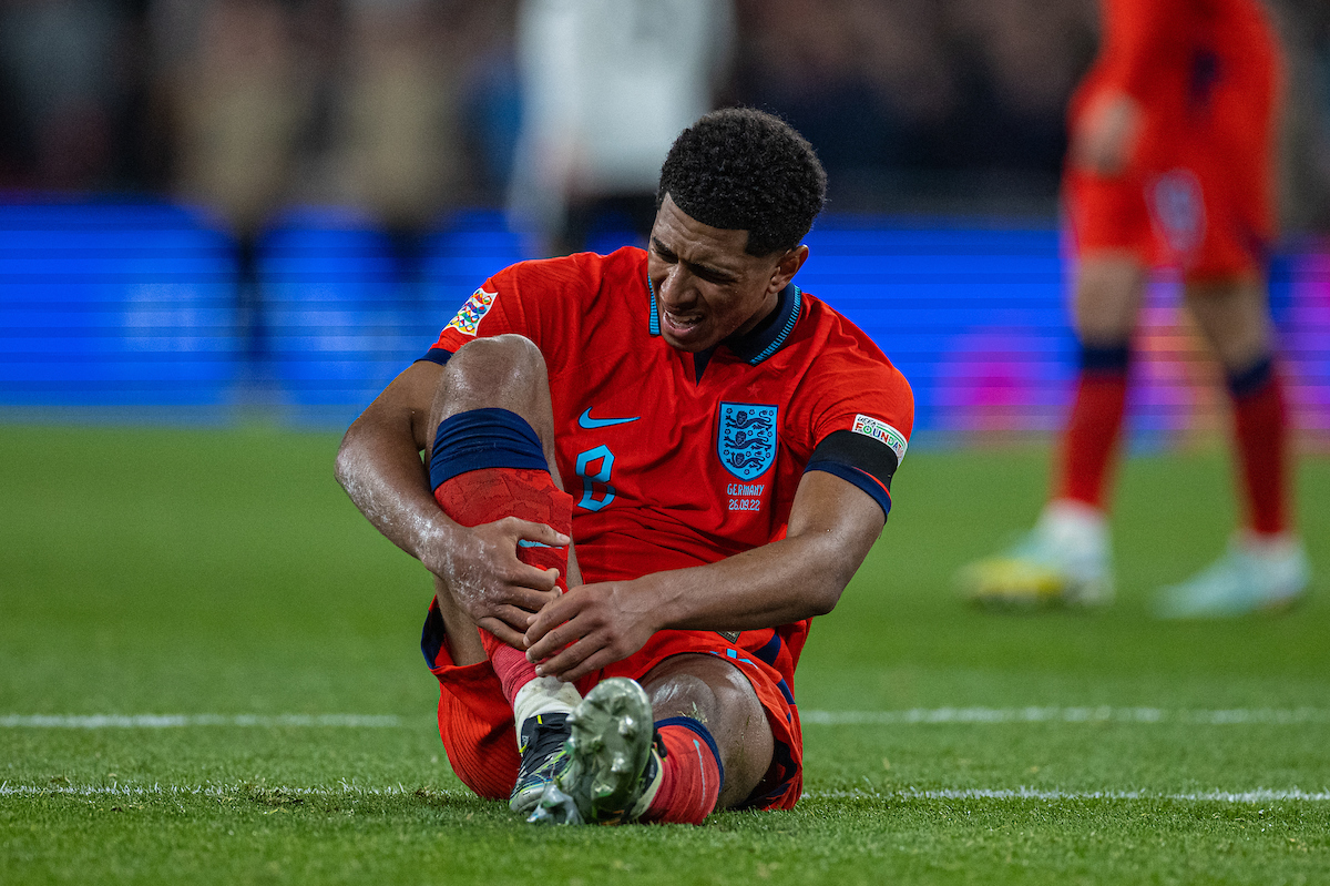 England's Jude Bellingham goes down injured during the UEFA Nations League Group A3 game between England and Germany at Wembley Stadium