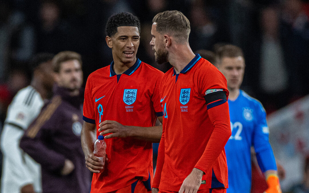 England's Jude Bellingham (L) and Jordan Henderson after the UEFA Nations League Group A3 game between England and Germany at Wembley Stadium