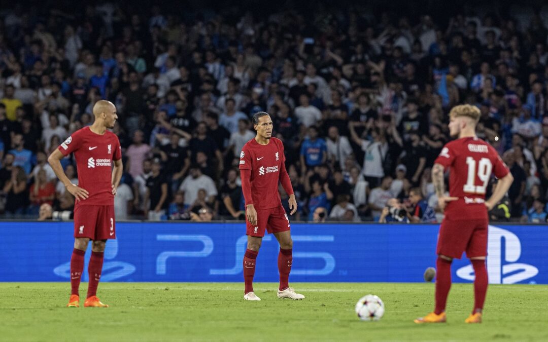 Liverpool's Virgil van Dijk looks dejected as his side conceded the fourth goal during the UEFA Champions League Group A matchday 1 game between SSC Napoli and Liverpool FC at the Stadio Diego Armando Maradona