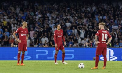 Liverpool's Virgil van Dijk looks dejected as his side conceded the fourth goal during the UEFA Champions League Group A matchday 1 game between SSC Napoli and Liverpool FC at the Stadio Diego Armando Maradona