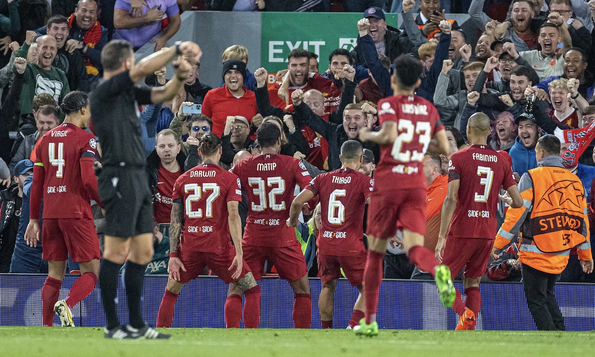 Liverpool's Joël Matip (#32) celebrates after scoring the second goal during the UEFA Champions League Group A matchday 2 game between Liverpool FC and AFC Ajax at Anfield