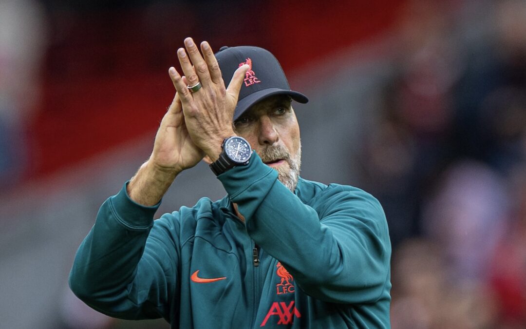 Liverpool's manager Jürgen Klopp applauds the supporters after the FA Premier League match between Liverpool FC and Brighton & Hove Albion FC at Anfield