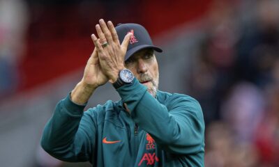 Liverpool's manager Jürgen Klopp applauds the supporters after the FA Premier League match between Liverpool FC and Brighton & Hove Albion FC at Anfield