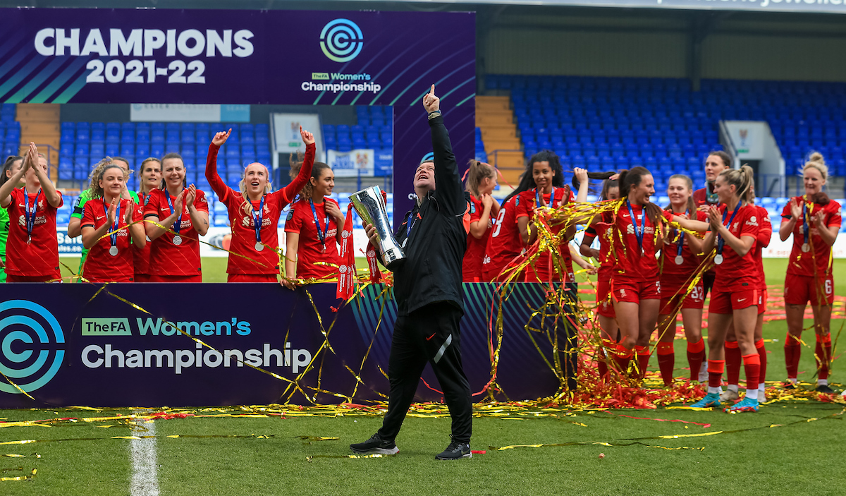 Liverpool's manager Matt Beard lifts the Championship trophy after the FA Women’s Championship Round 21 match between Liverpool FC Women and Sheffield United FC Women at Prenton Park