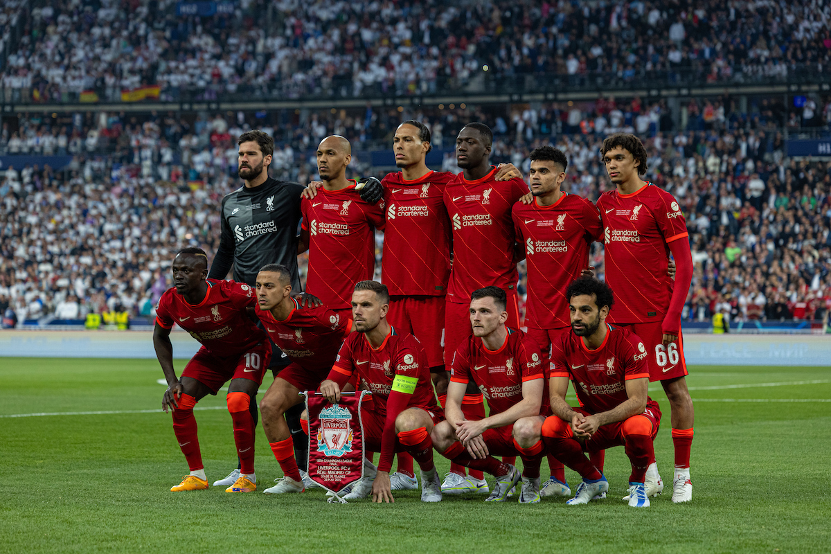 Liverpool players line-up for a team group photograph before the UEFA Champions League Final game between Liverpool FC and Real Madrid CF at the Stade de France