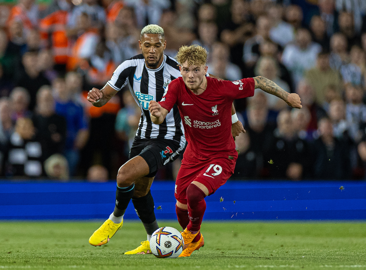 Liverpool's Harvey Elliott (R) and Newcastle United's Joelinton Cássio Apolinário de Lira during the FA Premier League match between Liverpool FC and Newcastle United FC at Anfield