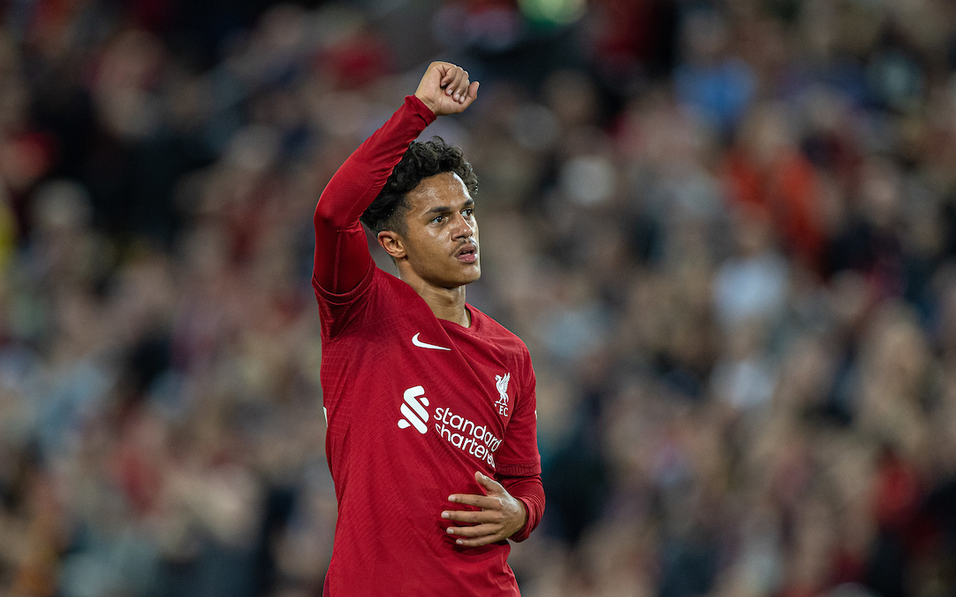 Liverpool's match-winning goal-scorer Fábio Carvalho celebrates after the FA Premier League match between Liverpool FC and Newcastle United FC at Anfield