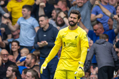 Liverpool's goalkeeper Alisson Becker looks dejected as Everton score a goal, but it is disallowed, during the FA Premier League match between Everton FC and Liverpool FC, the 241st Merseyside Derby, at Goodison Park