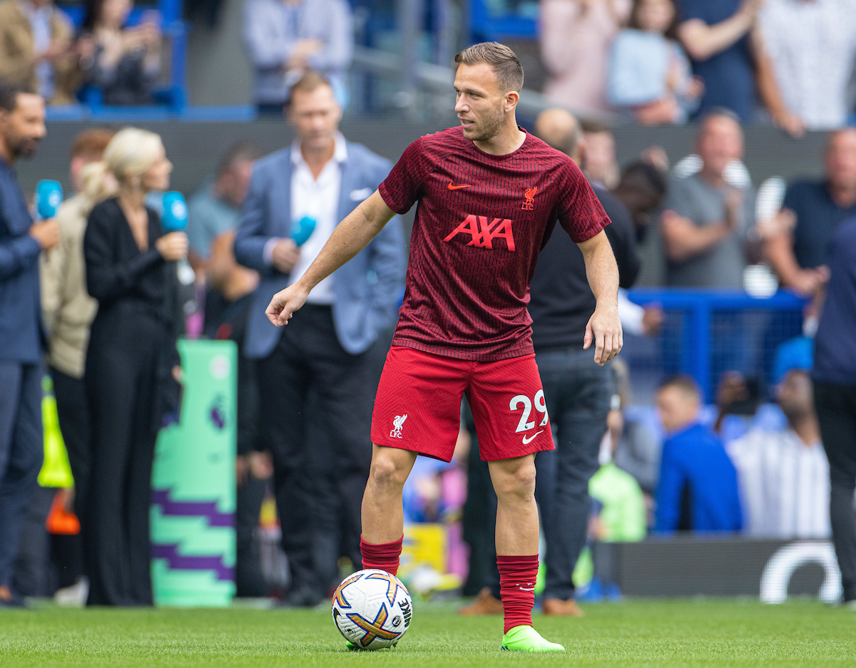 Liverpool's new signing Arthur Melo during the pre-match warm-up before the FA Premier League match between Everton FC and Liverpool FC, the 241st Merseyside Derby, at Goodison Park