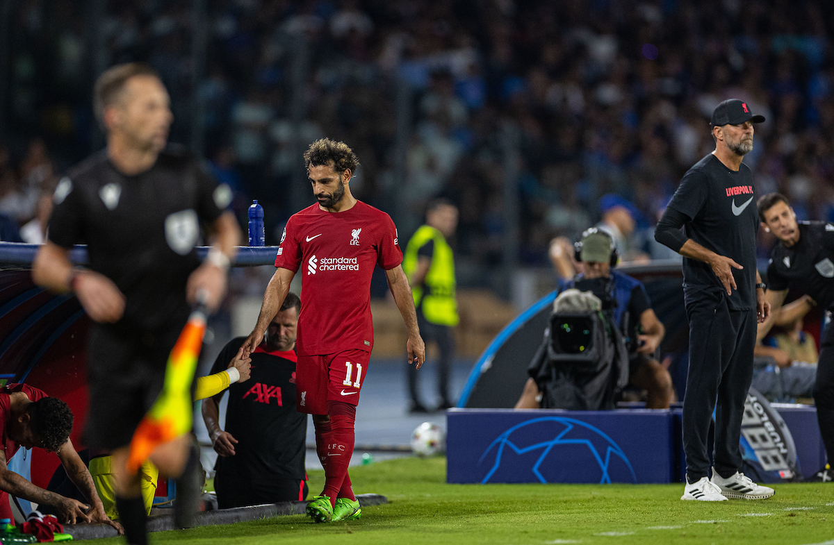 Liverpool's Mohamed Salah walks off after being substituted during the UEFA Champions League Group A matchday 1 game between SSC Napoli and Liverpool FC at the Stadio Diego Armando Maradona