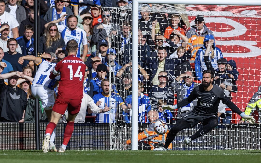 Brighton & Hove Albion's Leandro Trossard scores the first goal during the FA Premier League match between Liverpool FC and Brighton & Hove Albion FC at Anfield