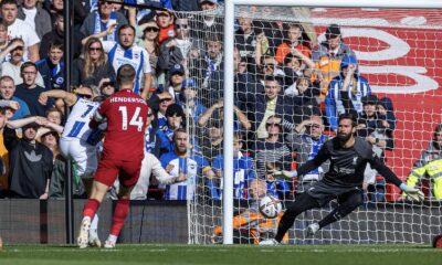 Brighton & Hove Albion's Leandro Trossard scores the first goal during the FA Premier League match between Liverpool FC and Brighton & Hove Albion FC at Anfield