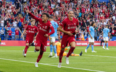 Liverpool's Darwin Núñez (R) celebrates with team-mate Fabio Carvalho after scoring the third goal during the FA Community Shield friendly match between Liverpool FC and Manchester City FC at the King Power Stadium