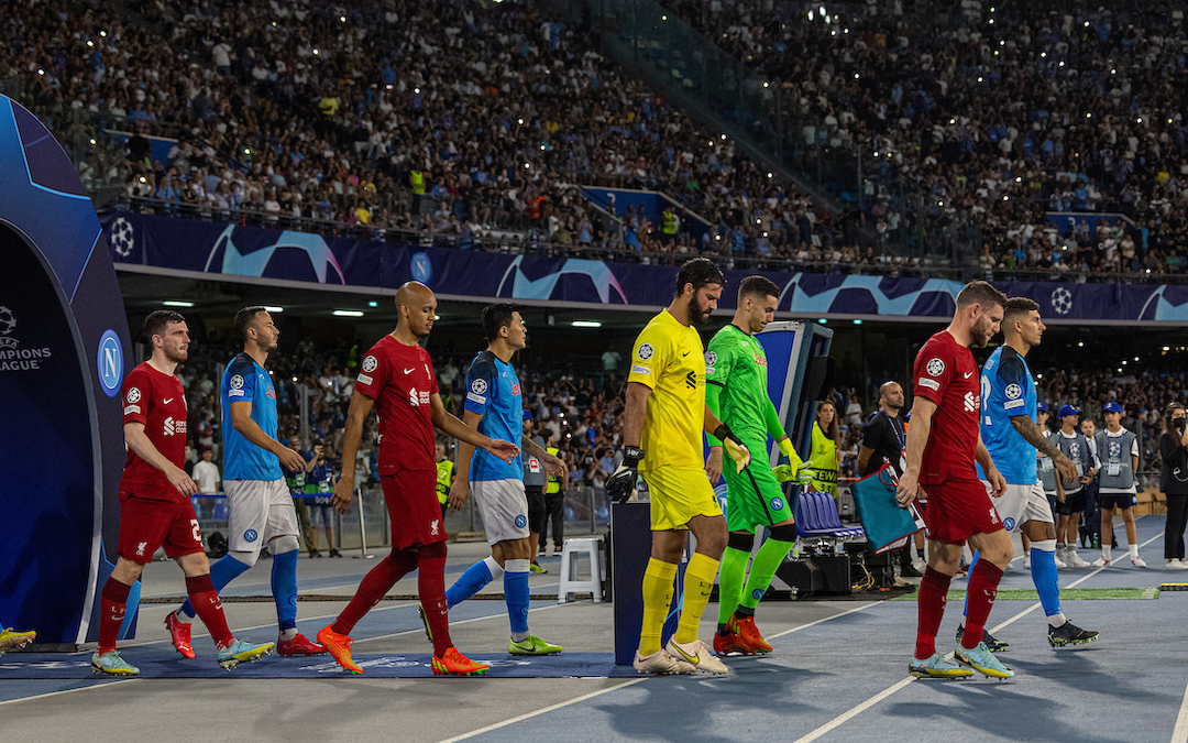 Liverpool's captain James Milner and goalkeeper Alisson Becker walk out before the UEFA Champions League Group A matchday 1 game between SSC Napoli and Liverpool FC at the Stadio Diego Armando Maradona