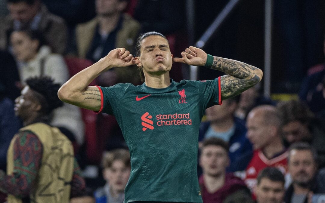 Liverpool's Darwin Núñez celebrates after scoring the second goal during the UEFA Champions League Group A matchday 5 game between AFC Ajax and Liverpool FC at the Amsterdam Arena