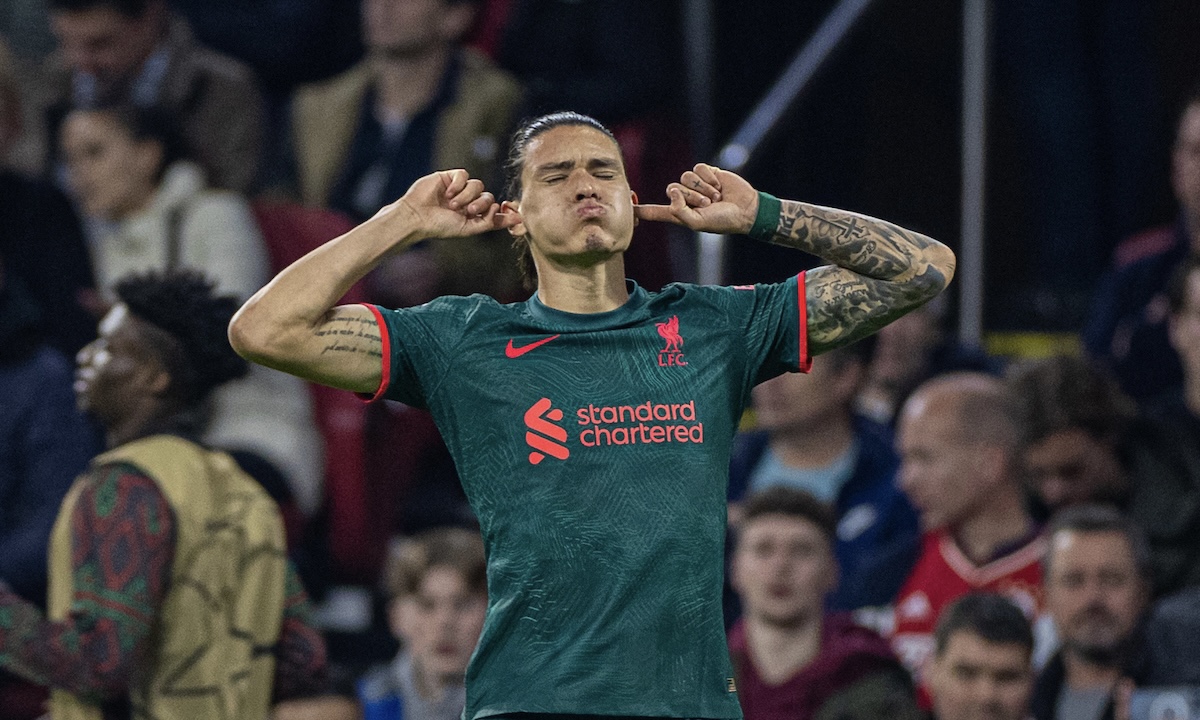Liverpool's Darwin Núñez celebrates after scoring the second goal during the UEFA Champions League Group A matchday 5 game between AFC Ajax and Liverpool FC at the Amsterdam Arena