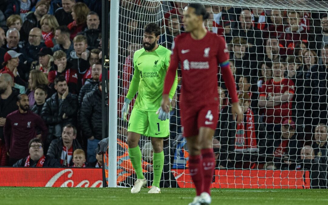 Liverpool's goalkeeper Alisson Becker looks dejected as Leeds United score the opening goal during the FA Premier League match between Liverpool FC and Leeds United FC at Anfield