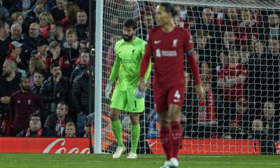 Liverpool's goalkeeper Alisson Becker looks dejected as Leeds United score the opening goal during the FA Premier League match between Liverpool FC and Leeds United FC at Anfield