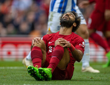 Liverpool's Mohamed Salah looks dejected after missing a chance during the FA Premier League match between Liverpool FC and Brighton & Hove Albion FC at Anfield