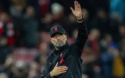 Liverpool's manager Jürgen Klopp waves to the supporters after the UEFA Champions League Group A matchday 3 game between Liverpool FC and Glasgow Rangers FC at Anfield