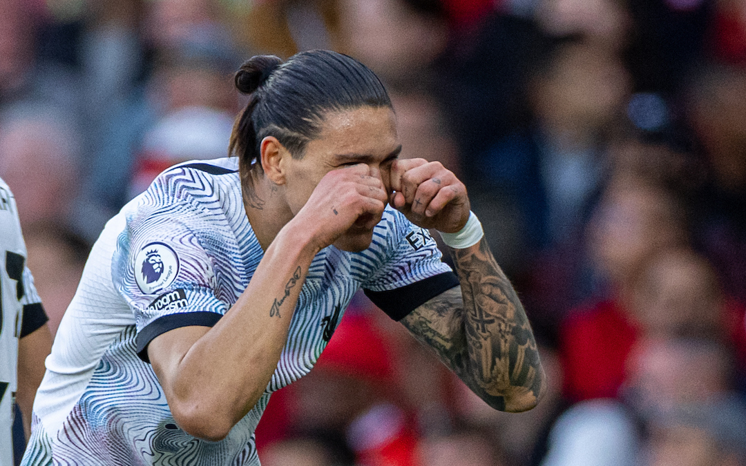 Liverpool's Darwin Núñez celebrates after scoring hi side's first equalising goal during the FA Premier League match between Arsenal FC and Liverpool FC at the Emirates Stadium