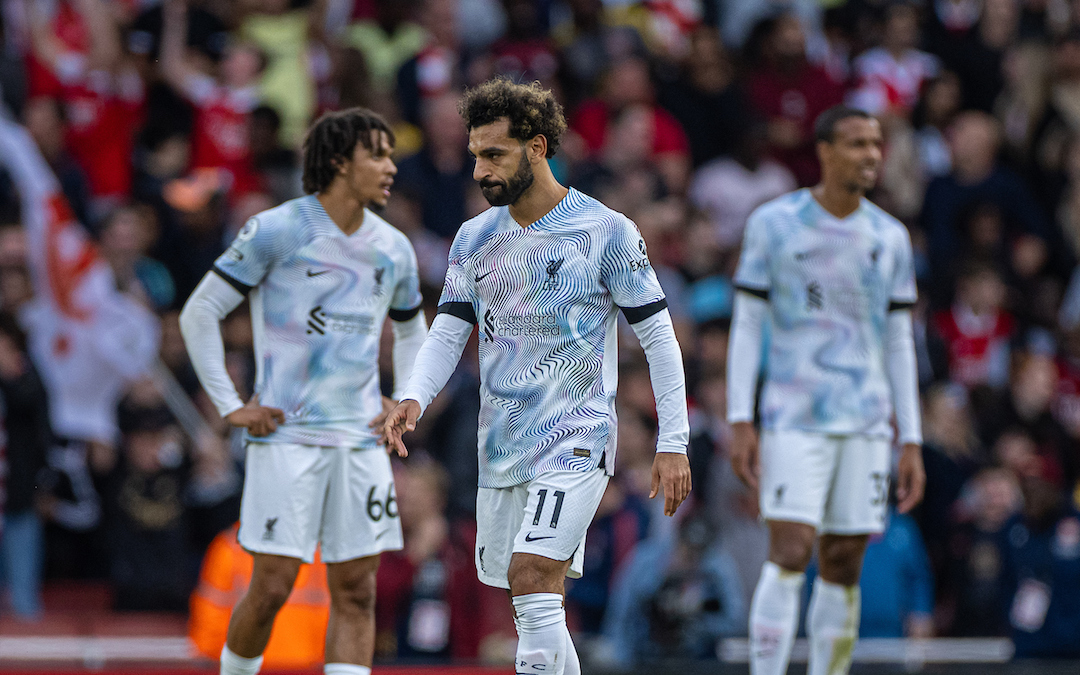 Liverpool's Mohamed Salah looks dejected as Arsenal score a second goal during the FA Premier League match between Arsenal FC and Liverpool FC at the Emirates Stadium