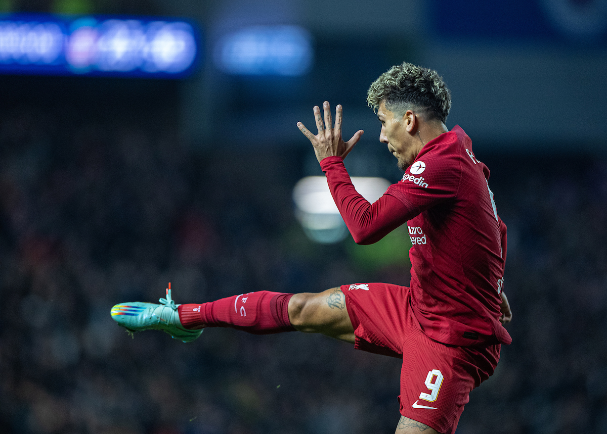 Liverpool's Roberto Firmino celebrates after scoring his side's first equalising goal during the UEFA Champions League Group A matchday 4 game between Glasgow Rangers FC and Liverpool FC at Ibrox Stadium