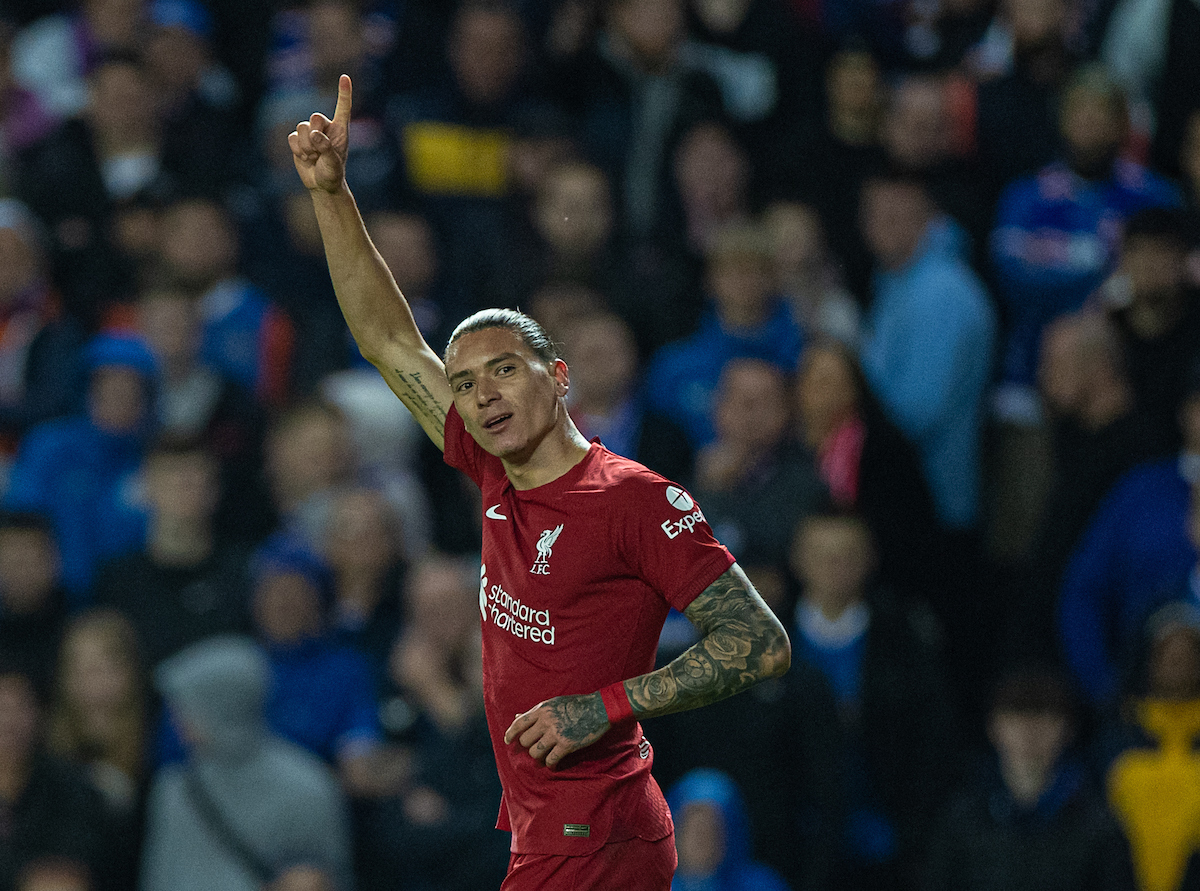 Liverpool's Darwin Núñez celebrates after scoring the third goal during the UEFA Champions League Group A matchday 4 game between Glasgow Rangers FC and Liverpool FC at Ibrox Stadium