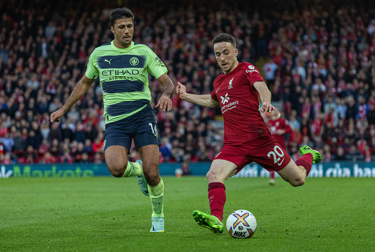 Liverpool's Diogo Jota gets away from Manchester City's Rodrigo Hernández Cascante 'Rodri' during the FA Premier League match between Liverpool FC and Manchester City FC at Anfield