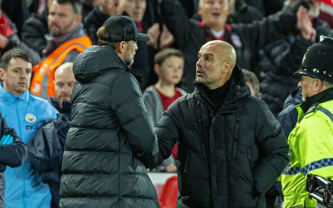 Liverpool's manager Jürgen Klopp (L) and Manchester City's manager Josep 'Pep' Guardiola after the FA Premier League match between Liverpool FC and Manchester City FC at Anfield