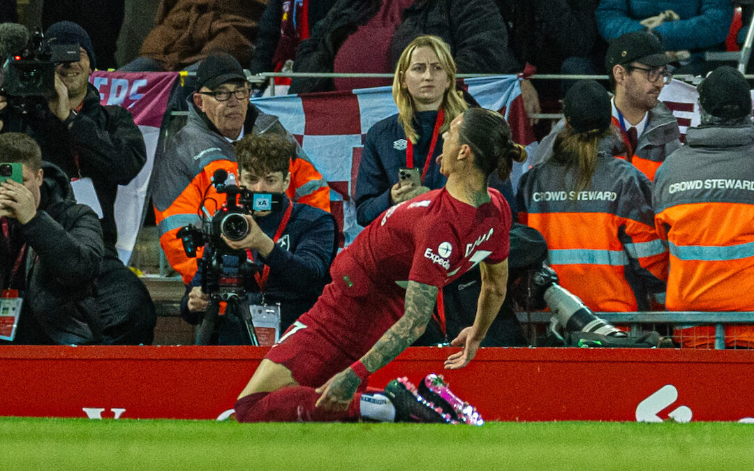 Liverpool's Darwin Núñez celebrates after scoring the first goal during the FA Premier League match between Liverpool FC and West Ham United FC at Anfield