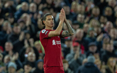 Liverpool's goal-scorer Darwin Núñez applauds the supporters as he is substituted during the FA Premier League match between Liverpool FC and West Ham United FC at Anfield