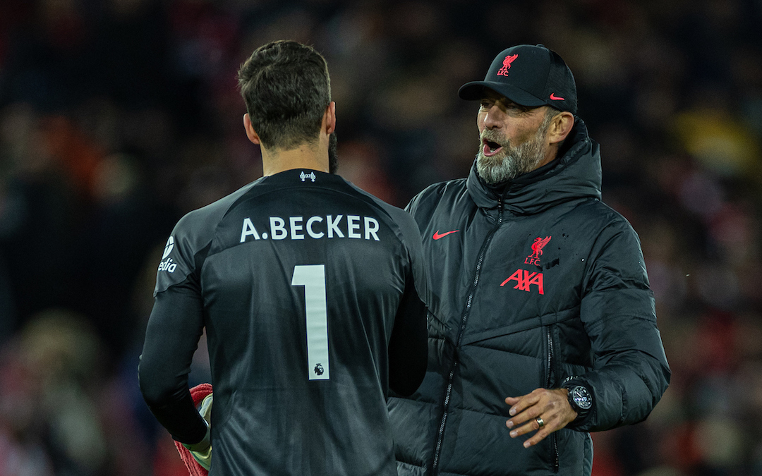 Liverpool's manager Jürgen Klopp (R) embraces goalkeeper Alisson Becker after the FA Premier League match between Liverpool FC and West Ham United FC at Anfield