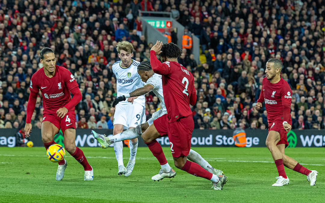 Leeds United's Crysencio Summerville scores the second goal during the FA Premier League match between Liverpool FC and Leeds United FC at Anfield