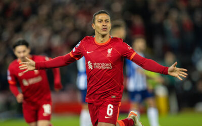 Thiago Alcantara Celebrates Scoring for Liverpool Champions League