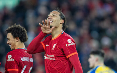 Virgil Van Dijk Celebrates his Liverpool goal Premier League at Anfield