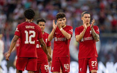 Stefan Bajcetic and Darwin Núñez Nunez applaud Liverpool supporters