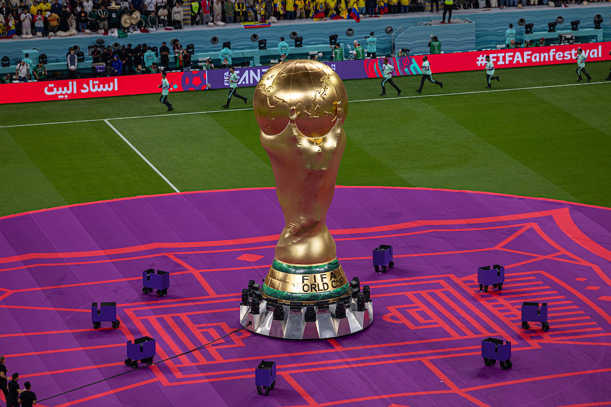 A giant World Cup trophy on the pitch before the opening game of the FIFA World Cup Qatar 2022 Group A Qatar against Ecuador at the Al Bayt Stadium