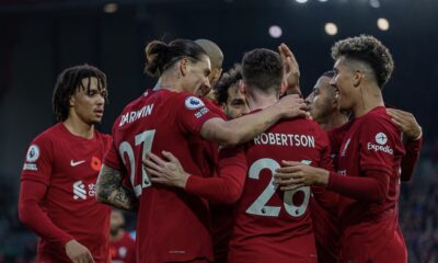 Liverpool's 27 Darwin Núñez Nunez Celebrates with Teammates after Premier League Goal