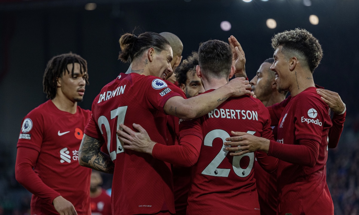 Liverpool's 27 Darwin Núñez Nunez Celebrates with Teammates after Premier League Goal