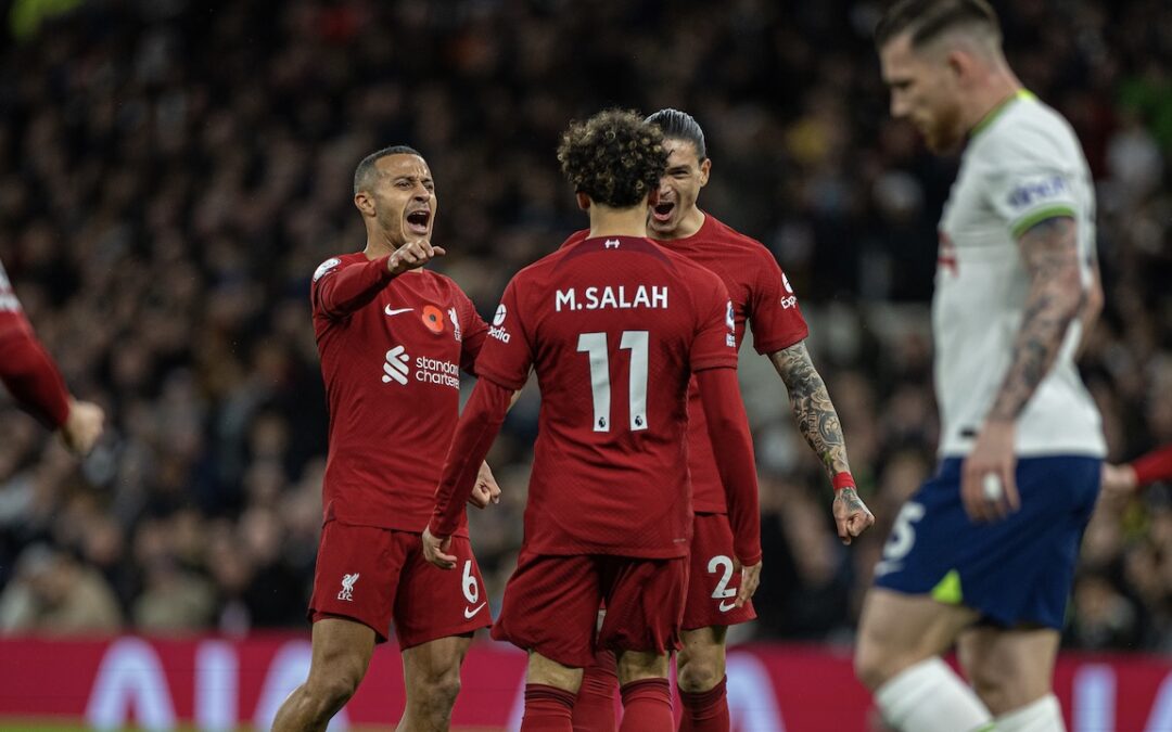 Mo Salah Celebrates his LFC goal with Thiago Alcântara and Darwin Núñez