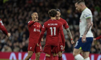 Mo Salah Celebrates his LFC goal with Thiago Alcântara and Darwin Núñez