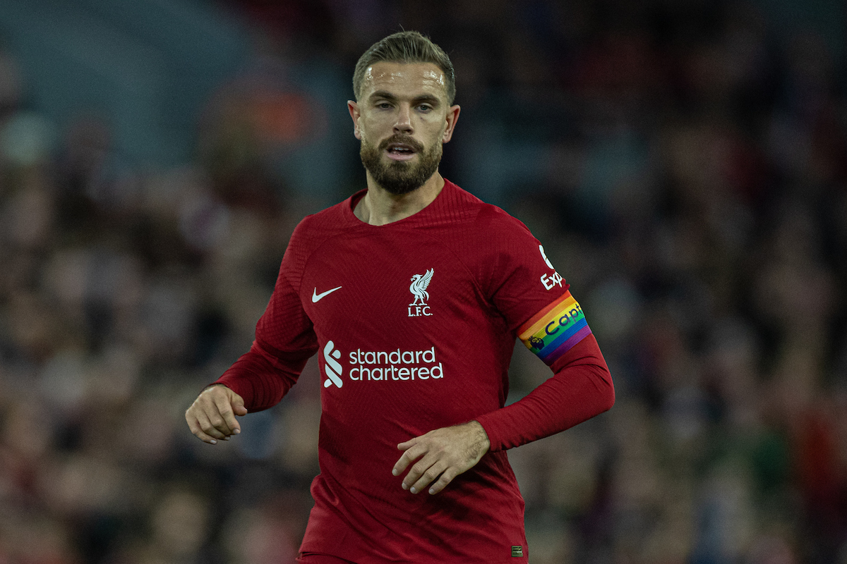 Liverpool's captain Jordan Henderson, wearing a rainbow armband, during the FA Premier League match between Liverpool FC and Leeds United FC at Anfield