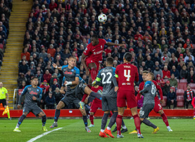 Liverpool's Ibrahima Konaté wins a header during the UEFA Champions League Group A matchday 6 game between Liverpool FC and SSC Napoli at Anfield