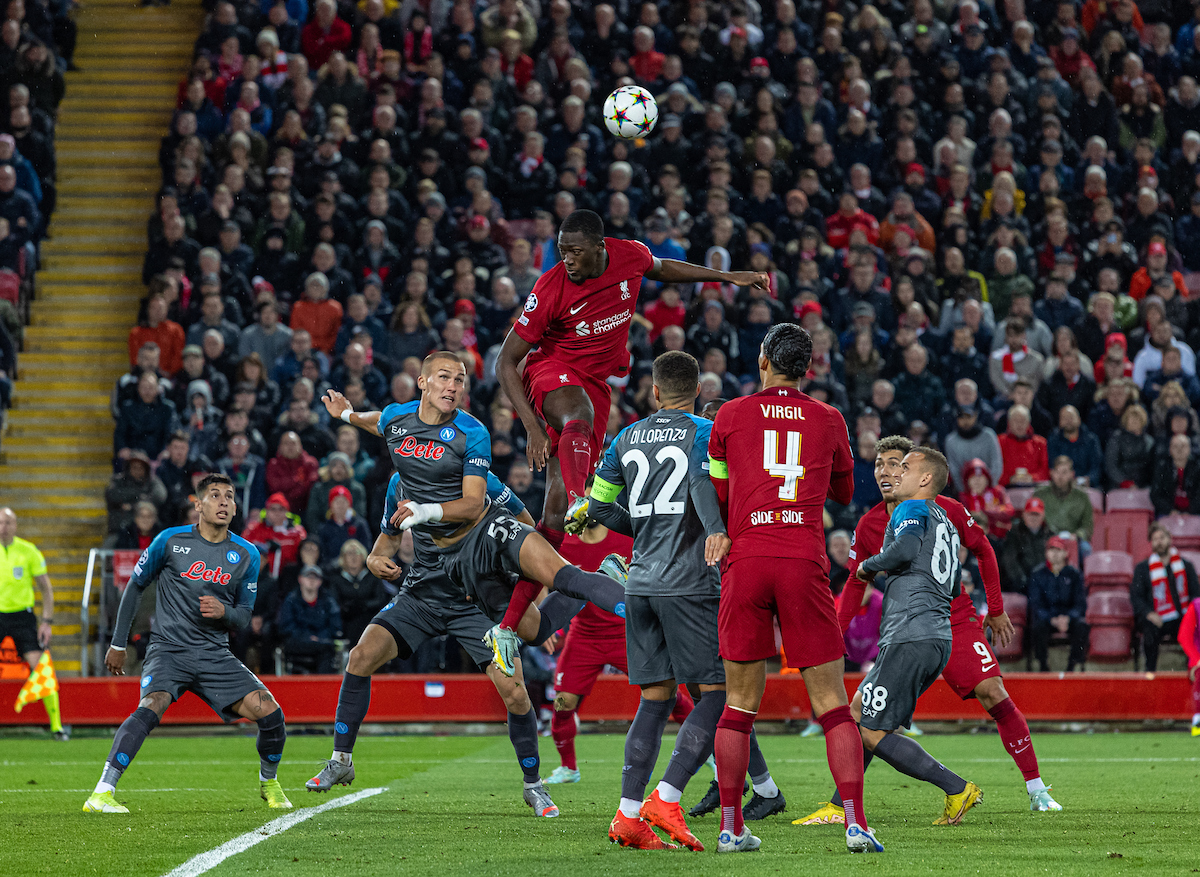 Liverpool's Ibrahima Konaté wins a header during the UEFA Champions League Group A matchday 6 game between Liverpool FC and SSC Napoli at Anfield