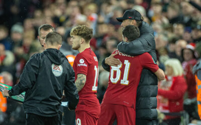 Jurgen Klopp hugs Layton Stewart after Liverpool Debut vs Derby in League Cup