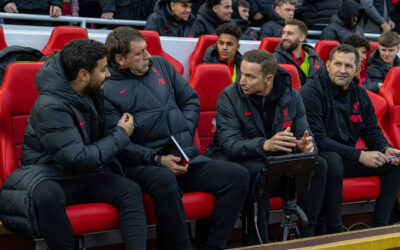 Liverpool Coaching Staff Peter Krawietz Pep Lijnders Vitor Matos John Achterberg at Anfield